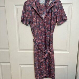 Vintage Nancy II Purple Floral Dress Size 14 USA‎ Made Collared Belt Tie
